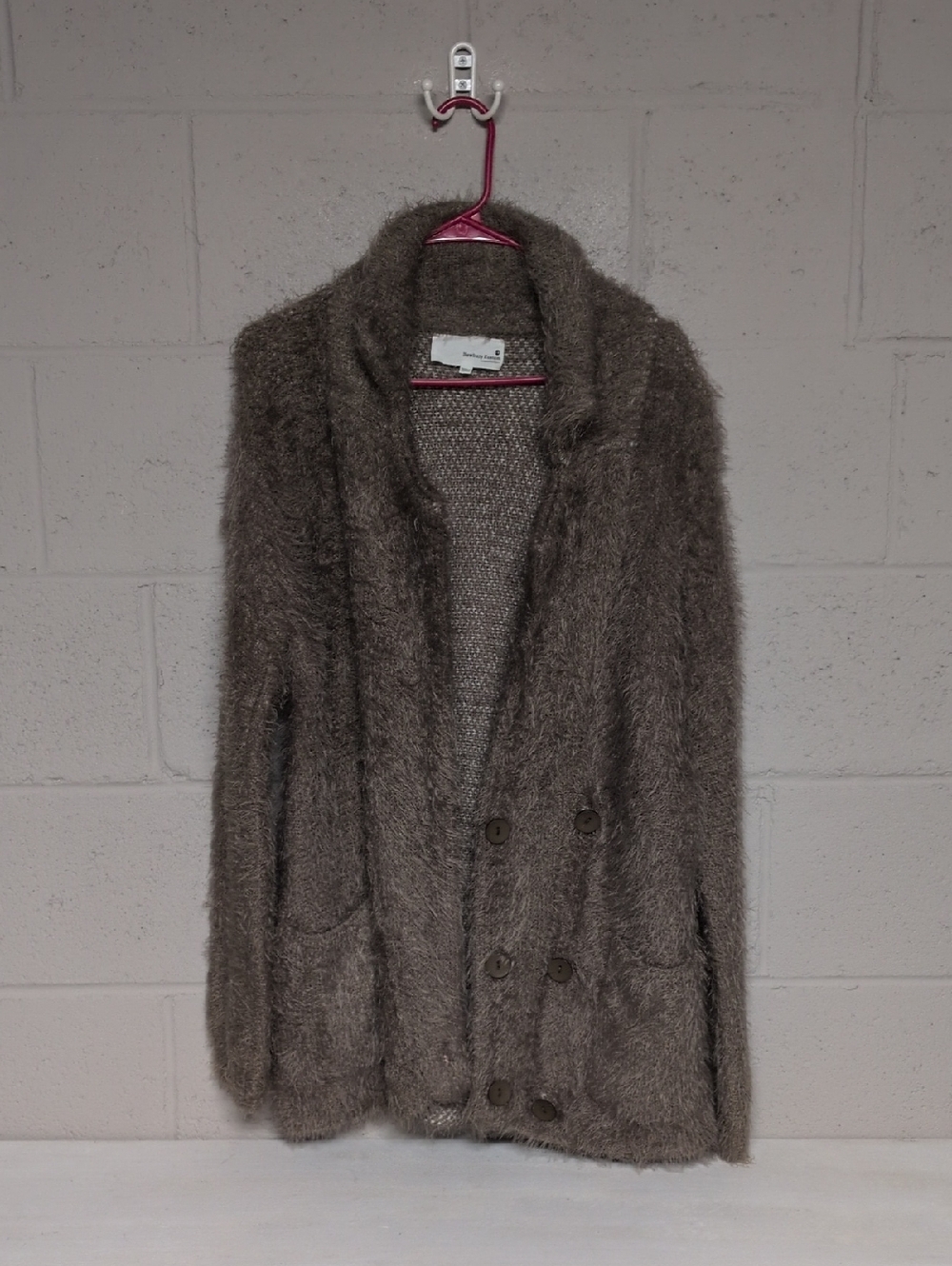 Newbury Kustom Taupe Fuzzy Eyelash Longline Collared Cardigan Sweater Size S/M - Picture 2 of 8